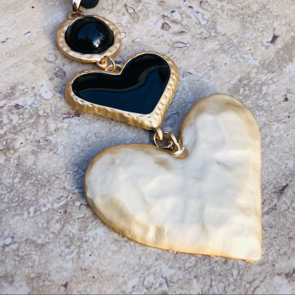 NEW Gold Rim Black Enamel Layered Hearts Necklace - Picture 5 of 12